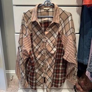 Promesa Multi-Pattern Plaid Button Down Shirt - Tan, Brown, and Red